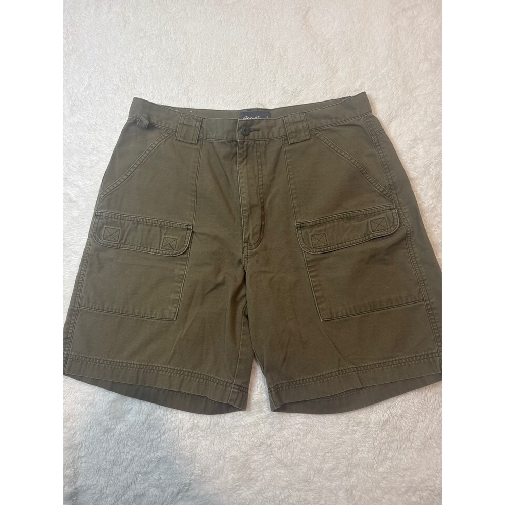 Eddie Bauer Cargo Shorts Mens 36 Olive Green Good Cotton Canvas Utility Outdoor